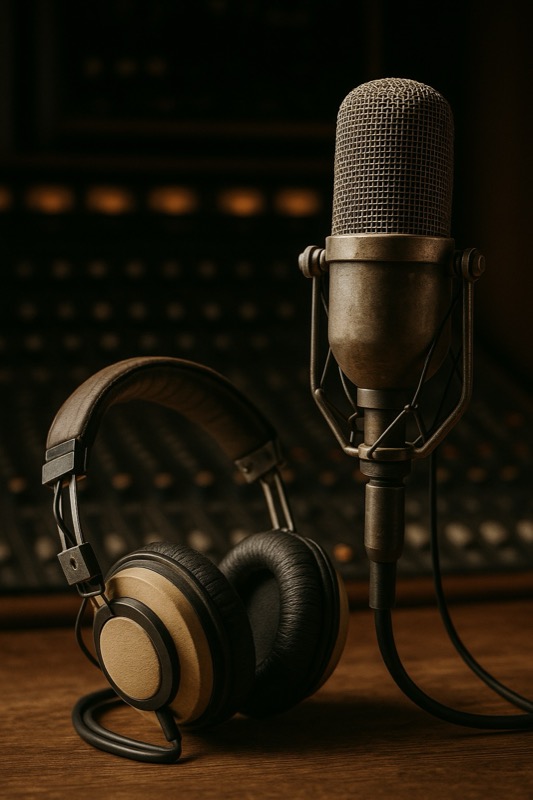 Professional studio microphone and headphones used for voice over recording